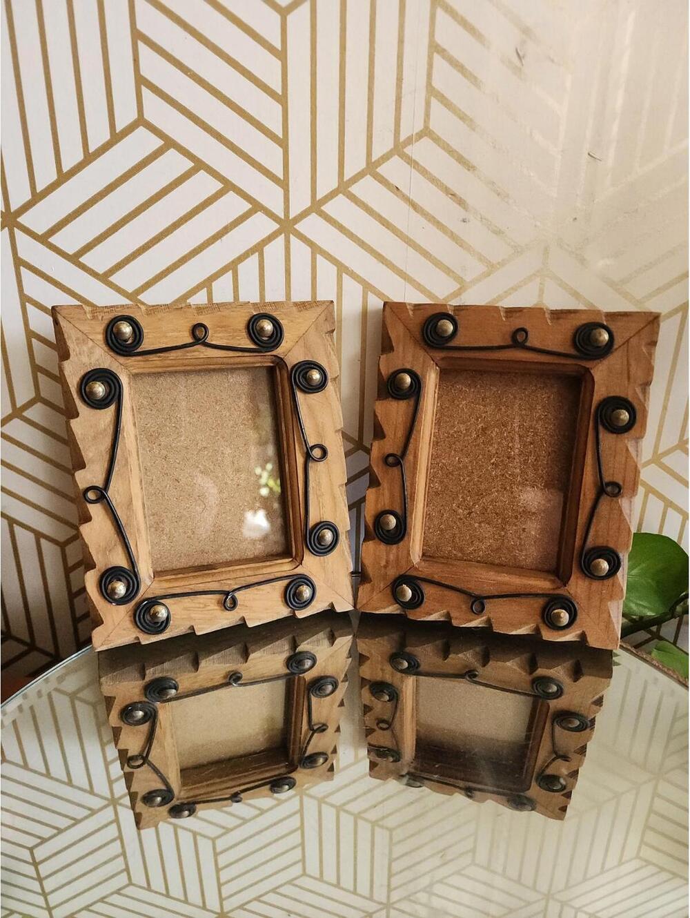 Vintage Handmade Wooden Rustic Photo Frames With Wire Scrolling - Pair 5" X 6"